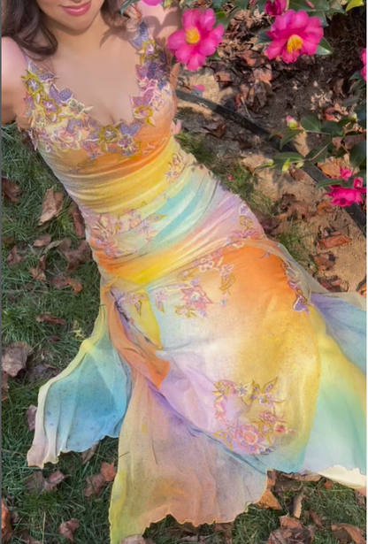 Pretty Vintage Mermaid V Neck Appliques Chiffon Prom Dresses Evening Dresses SH1854