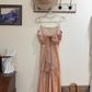 Simple A Line Spaghetti Strap Light Champagne Gold Satin Evening Dress Party Dress SH2679
