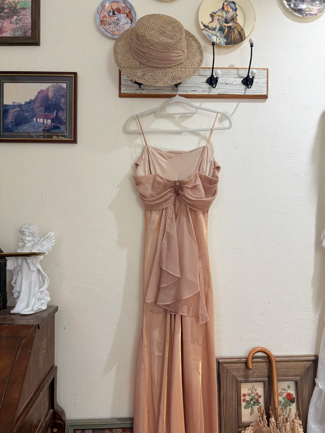 Simple A Line Spaghetti Strap Light Champagne Gold Satin Evening Dress Party Dress SH2679