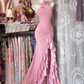 Pink Vintage Mermaid Halter Ruffle Sequin Chiffon Graduation Prom Dress with Slit SH5368