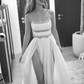Gentle A Line Spaghetti Strap White Lace Chiffon Prom Dress Wedding Dress with Slit SH4662
