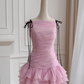 Cute Pink A Line Spaghetti Strap Layered Chiffon Homecoming Dress SH4506