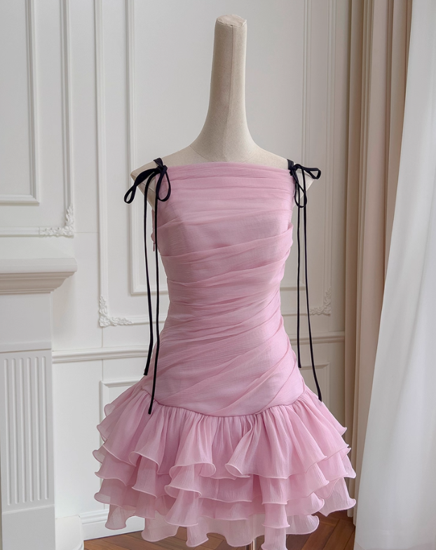 Cute Pink A Line Spaghetti Strap Layered Chiffon Homecoming Dress SH4506
