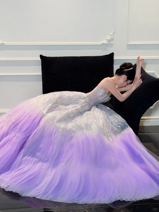 Stunning Ball Strapless Sequin Purple Tulle Long Prom Dress Party Dress SH4689