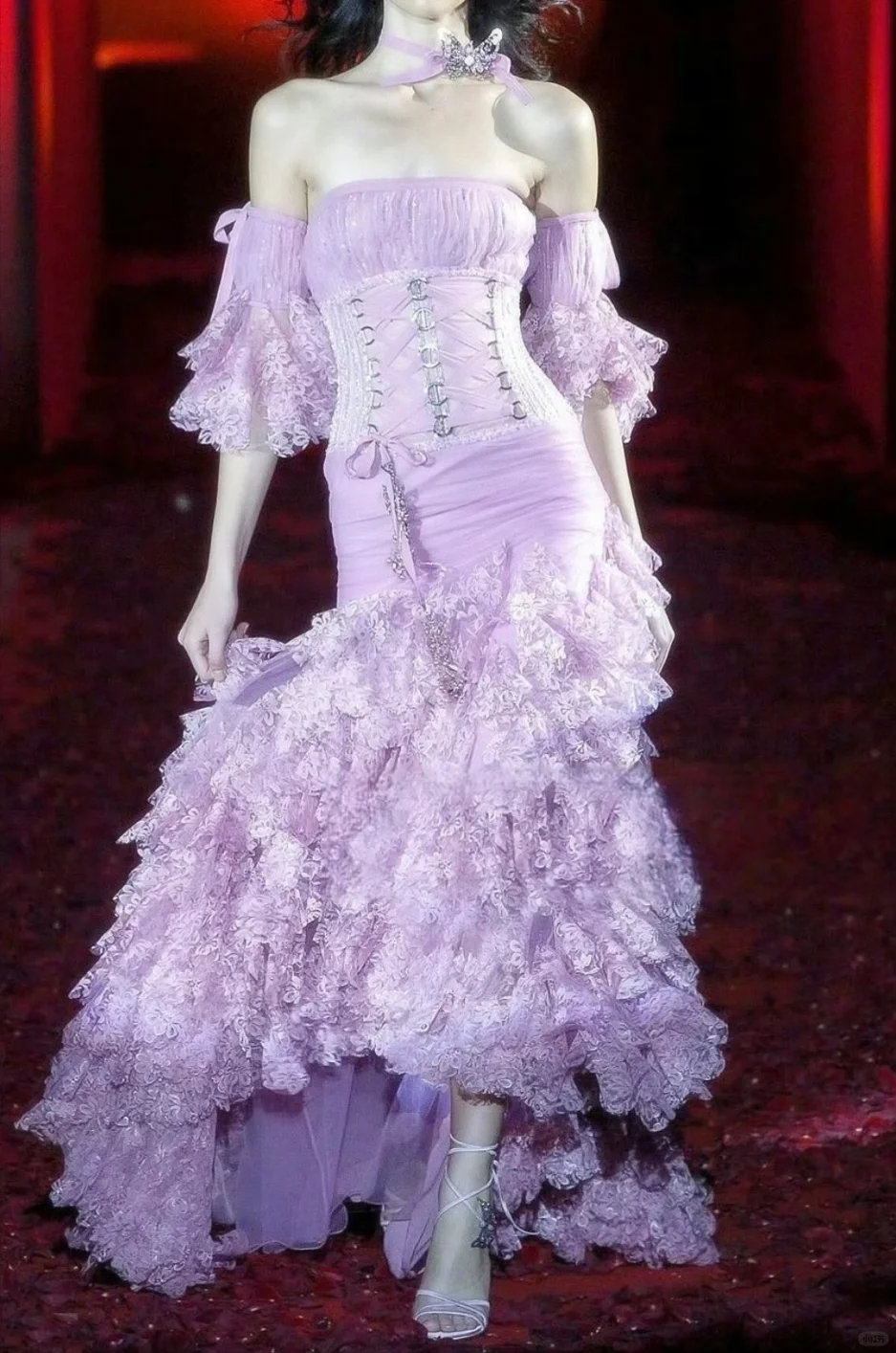 Romantic Purple Mermaid Strapless Lace Prom Dress Wedding Guest Dress SH4916