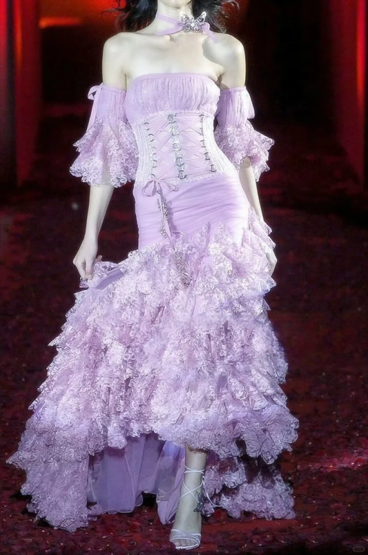 Romantic Purple Mermaid Strapless Lace Prom Dress Wedding Guest Dress SH4916