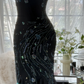 Gorgeous Mermaid Spaghetti Strap Beaded Black Chiffon Party Dress Evening Dress SH2961