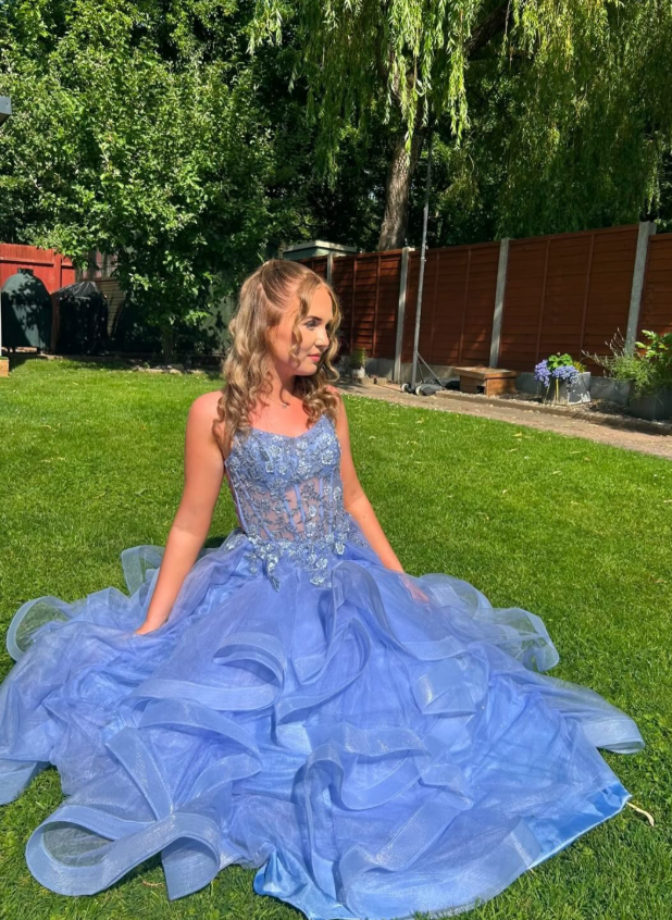 Blue A Line Spaghetti Strap Corset Appliques Tulle Prom Dress Birthday Dress SH9006