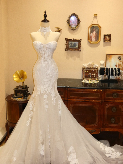 Elegant Mermaid Sweetheart Neck White Lace Tulle Long Prom Dress Wedding Dress SH7392