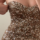 Shiny Gold-brown Mermaid Strapless Sequin Velvet Prom Dress Evening Dress SH6831