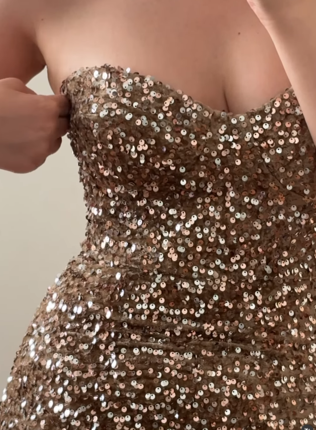 Shiny Gold-brown Mermaid Strapless Sequin Velvet Prom Dress Evening Dress SH6831