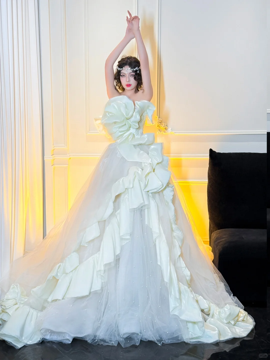 Stunning Ball Strapless White Ruffle Satin Tulle Long Prom Dress Party Dress SH4690