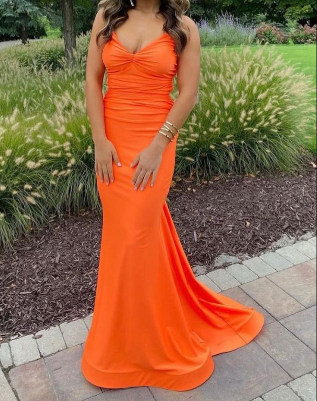 Orange Mermaid Spaghetti Straps Long Prom Dress With Cross Back SH1123
