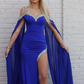 Elegant Dark Blue Sheath Straps Beaded Satin Chiffon Long Prom Dress Evening Dress SH6823
