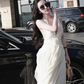 Simple White A Line V Neck Chiffon Open Back Long Prom Dress Date Dress SH4677