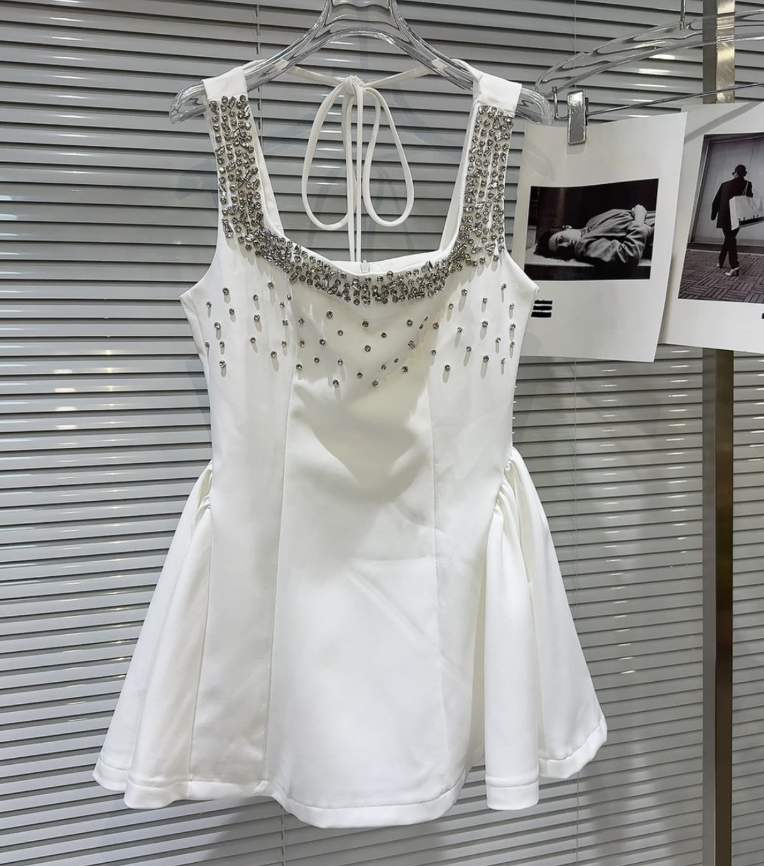 Cute A Line Strap Rhinestone White Satin Short Homecoming Dress Cocktail Dress SH3118