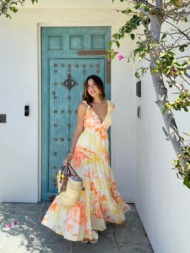 Yellow A Line Strap Orange Print Floral Chiffon Prom Dress Vacation Dress SH6256