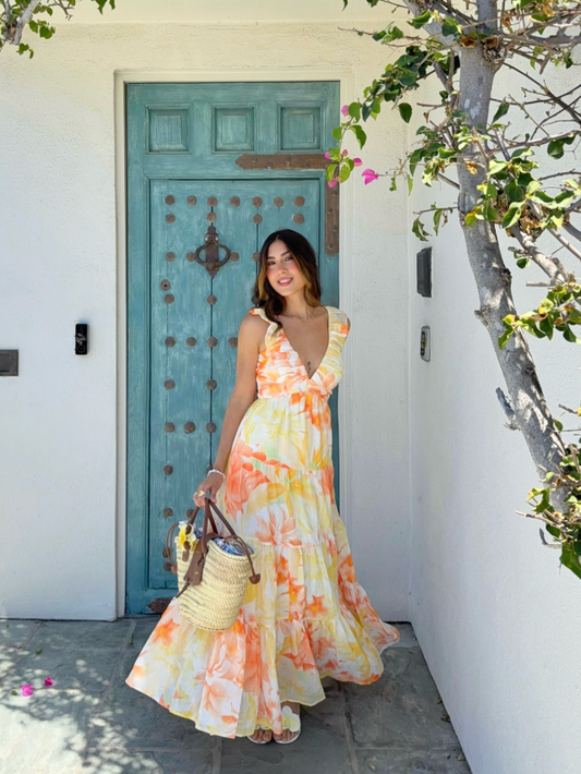 Yellow A Line Strap Orange Print Floral Chiffon Prom Dress Vacation Dress SH6256