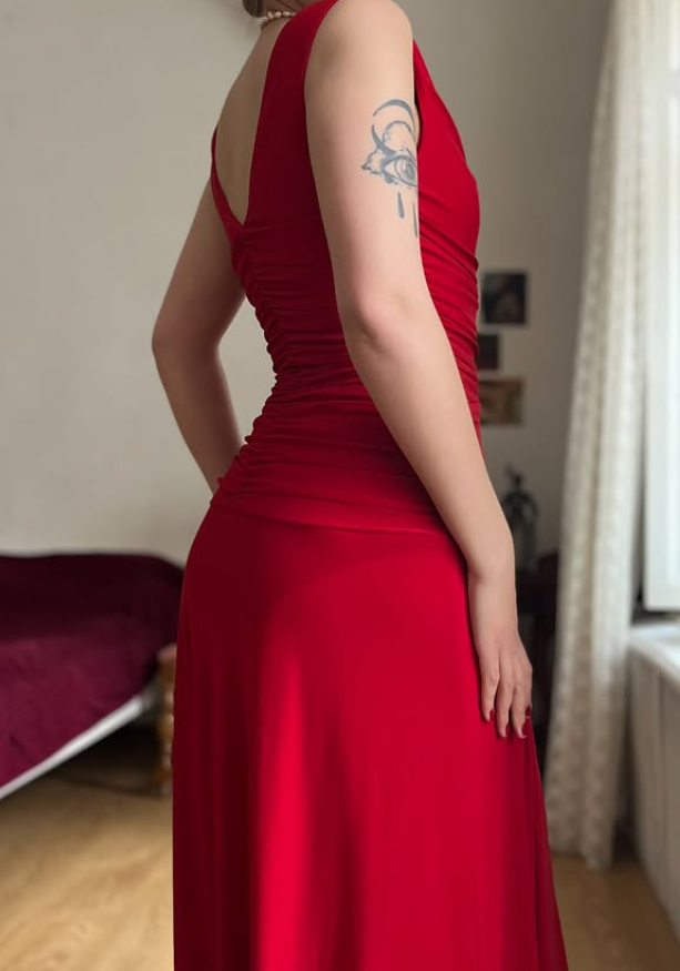 Simple Red A Line Pleated Satin Prom Dress Evening Dress Date Dress SH5632