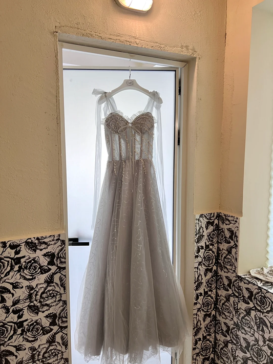 Grey A Line Spaghetti Strap Beaded Corset Tulle Prom Dress Evening Dress SH3860
