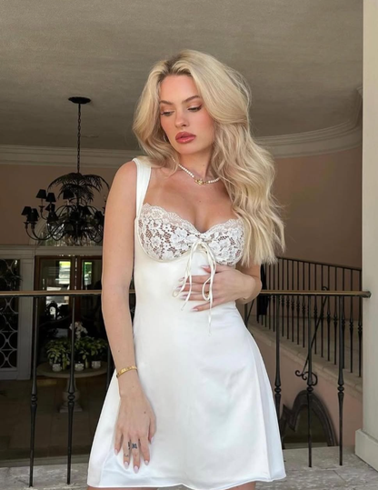 White A Line Straps Lace Satin Short Homecoming Dress Cocktail Dress SH3253