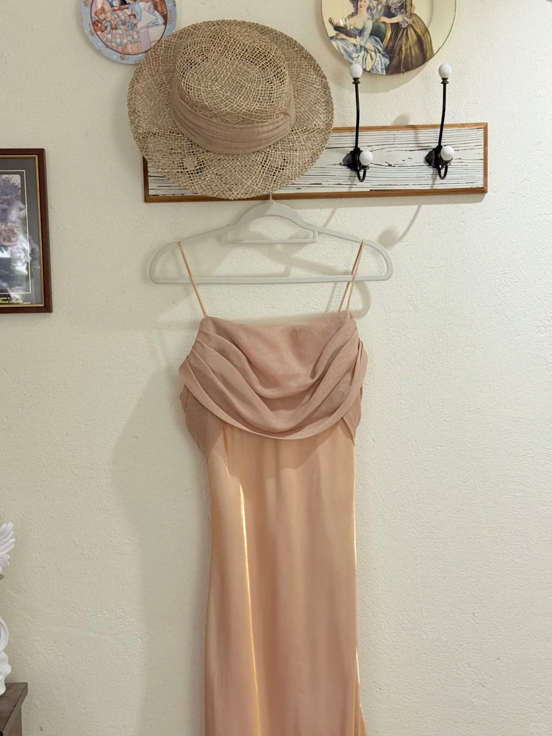 Simple A Line Spaghetti Strap Light Champagne Gold Satin Evening Dress Party Dress SH2679