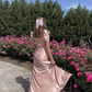 Gentle Light Pink A Line Puff Lace Satin Prom Dress Outfits SH4866