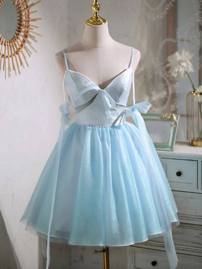 Sexy Spaghetti Straps Beading Satin Bow Short Homecoming Dresses SH1624