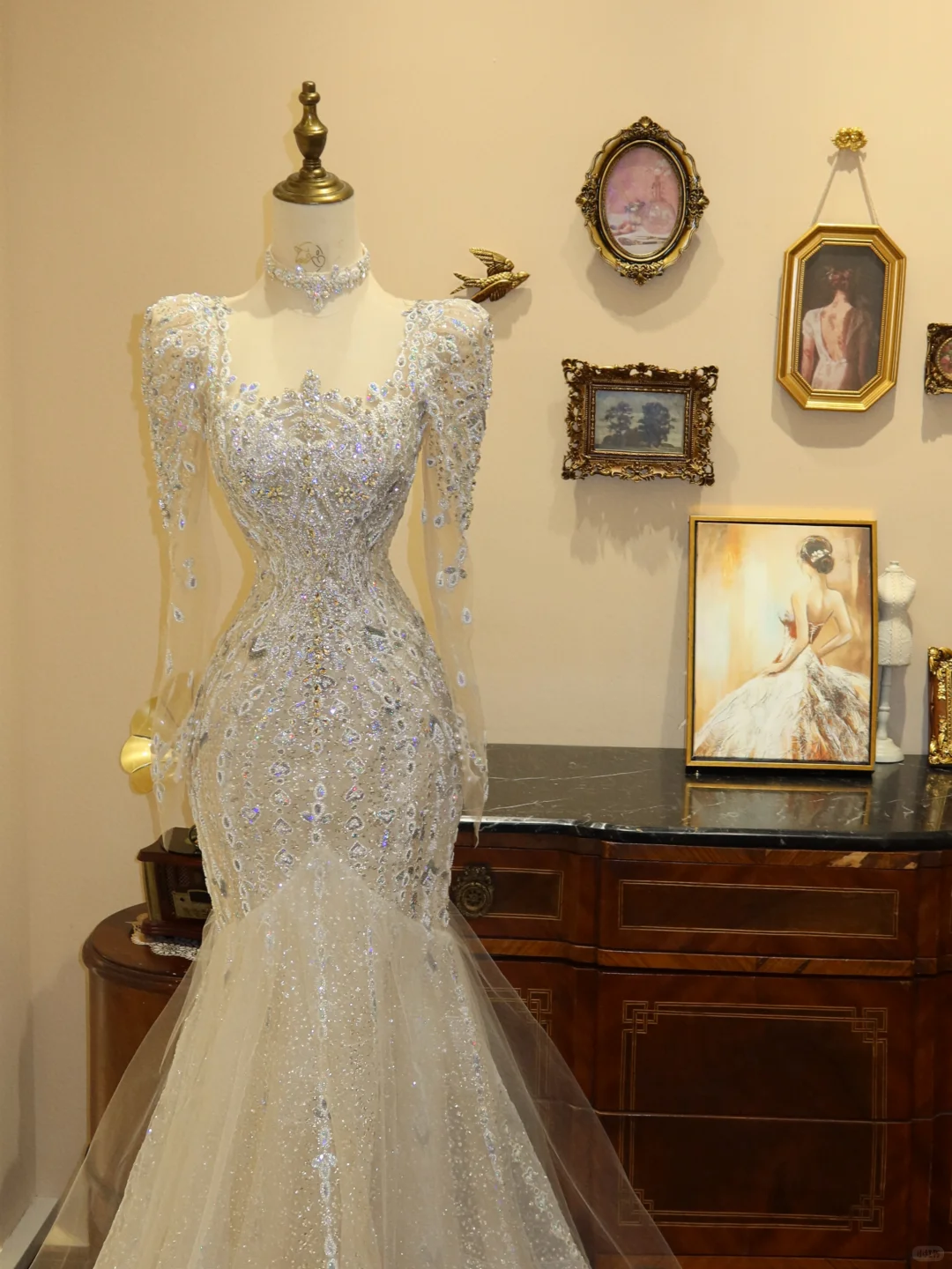 Luxurious Mermaid Long Sleeve Sequin Tulle Long Prom Dress Wedding Dress SH7407