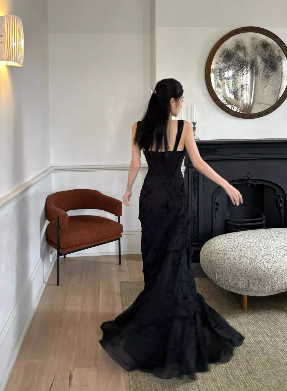 Sexy Black Sheath Straps Lace Chiffon Long Prom Dress Evening Dress SH4391