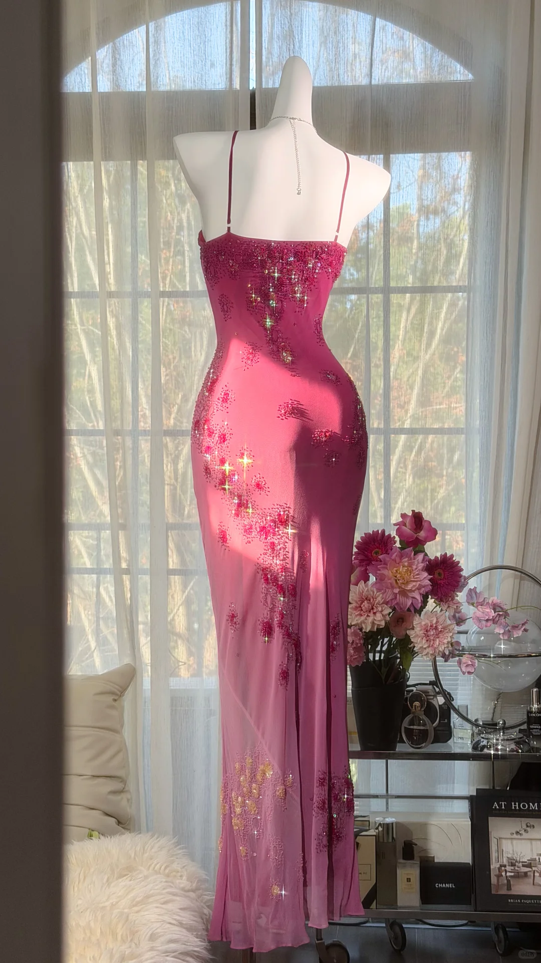 Dreamy Pink Ombre Sheath Floral Beaded Chiffon Long Prom Dress Graduation Prom Dress SH5348