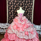 Vintage Pink Print Floral Ball Gown Strapless Layered Tulle Prom Dress Sweet 16 Dress SH5776