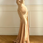 Vintage Elegant Mermaid Straps Beaded Gold Chiffon Satin Wedding Guest Dress Prom Dress SH5440