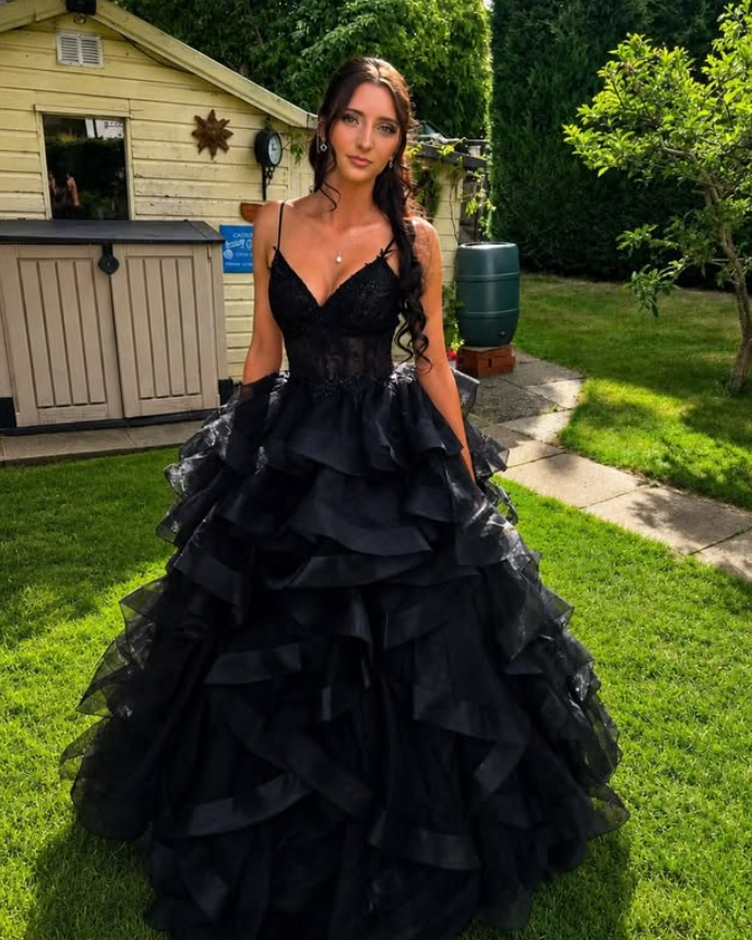 Black A Line Spaghetti Strap Lace Ruffle Tulle Prom Dress Birthday Dress SH9013