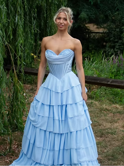 Blue A Line Sweetheart Neck Corset Layered Chiffon Long Prom Dress Evening Dress SH8829
