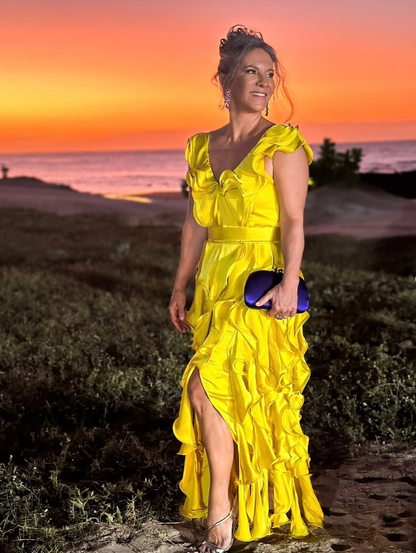 Yellow Sheath Strap Ruffle Satin Long Prom Dress Evening Dress SH2445