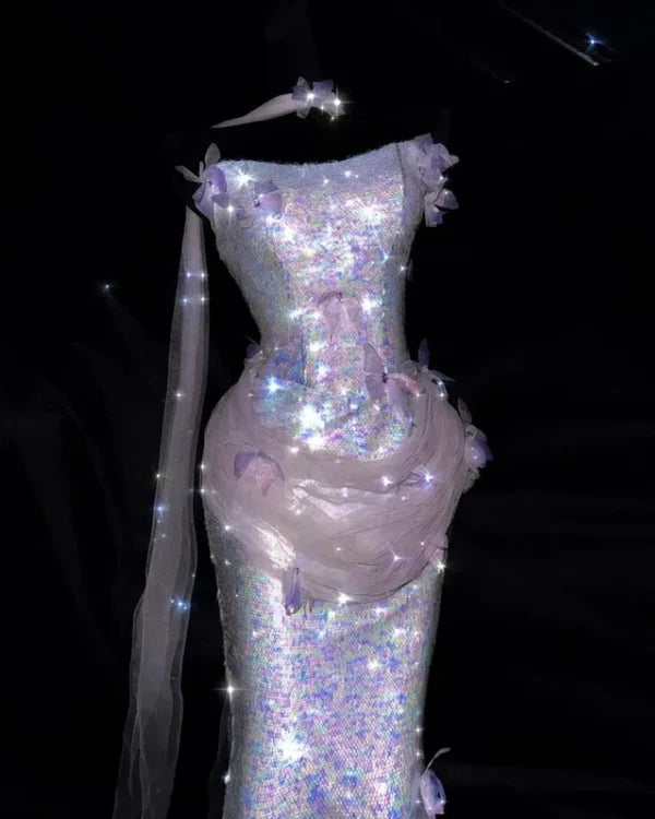 Shiny Lilac Mermaid Strapless Butterfly Sequin Prom Dress Evening Dress SH7169