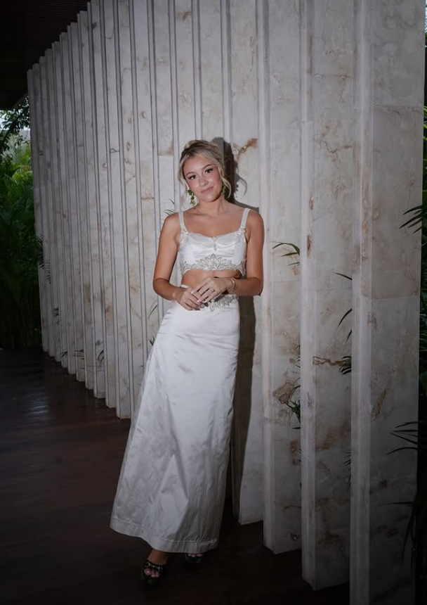 Two Piece A Line Straps Beaded White Satin Prom Dress Wedding Dress SH6432