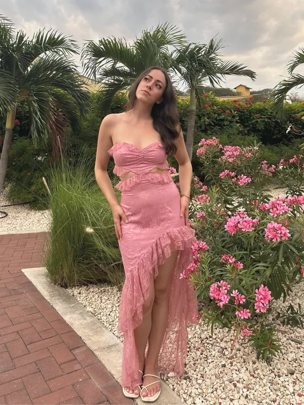 Sexy Strapless Lace Ruffle Prom Dress Long Party Dress SH816