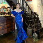 Gorgeous Mermaid Off the Shoulder Blue Sequin Satin Long Prom Dress Evening Dress SH2975