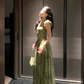 Green Gentle A Line Straps V Neck Print Floral Chiffon Prom Dress Party Dress Outfits SH5060