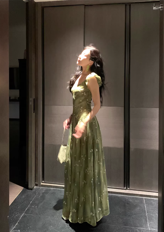 Green Gentle A Line Straps V Neck Print Floral Chiffon Prom Dress Party Dress Outfits SH5060