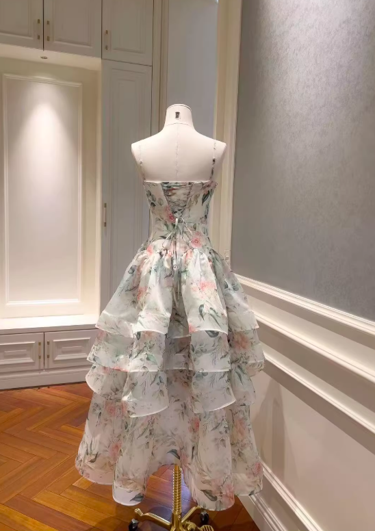 Print Floral A Line Straps Layered Chiffon Prom Dress Outfits SH5156