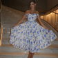 Blue Print Floral A Line Spaghetti Strap Satin Prom Dress Evening Dress SH6605