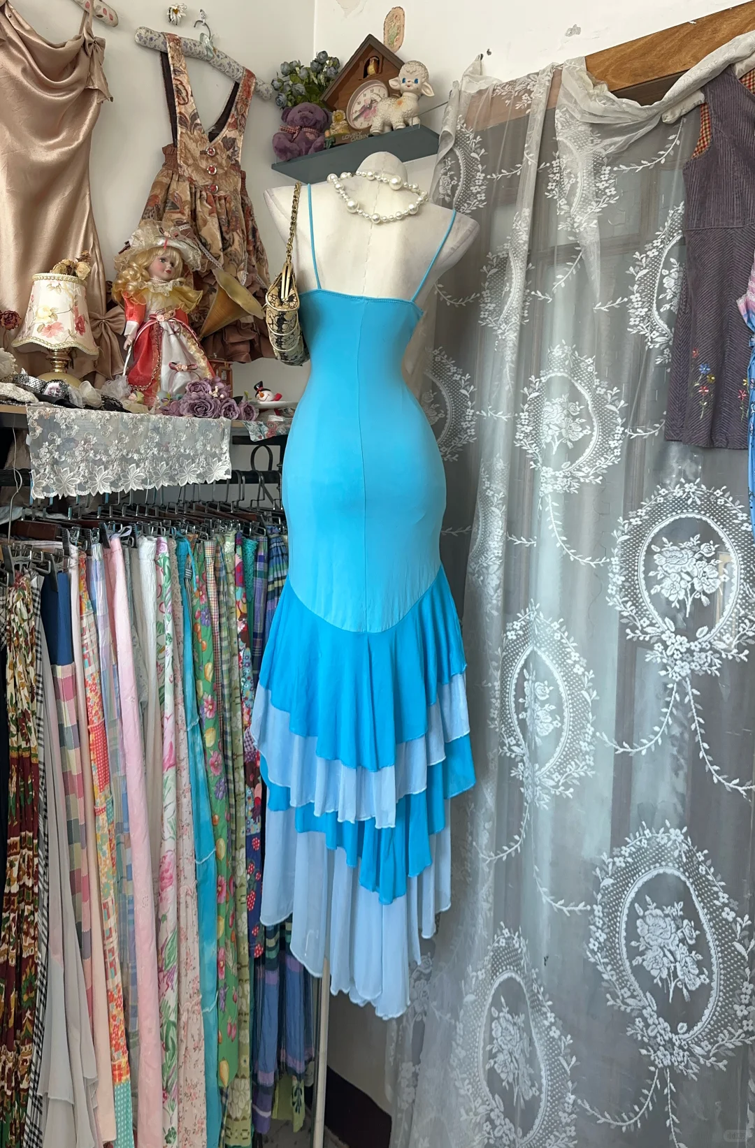 Vintage Mermaid Straps Beaded Blue Layered Chiffon Long Prom Dress SH5245