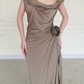 Simple Brown Vintage Sheath Straps Satin Long Prom Dress Wedding Guest Dress SH5506