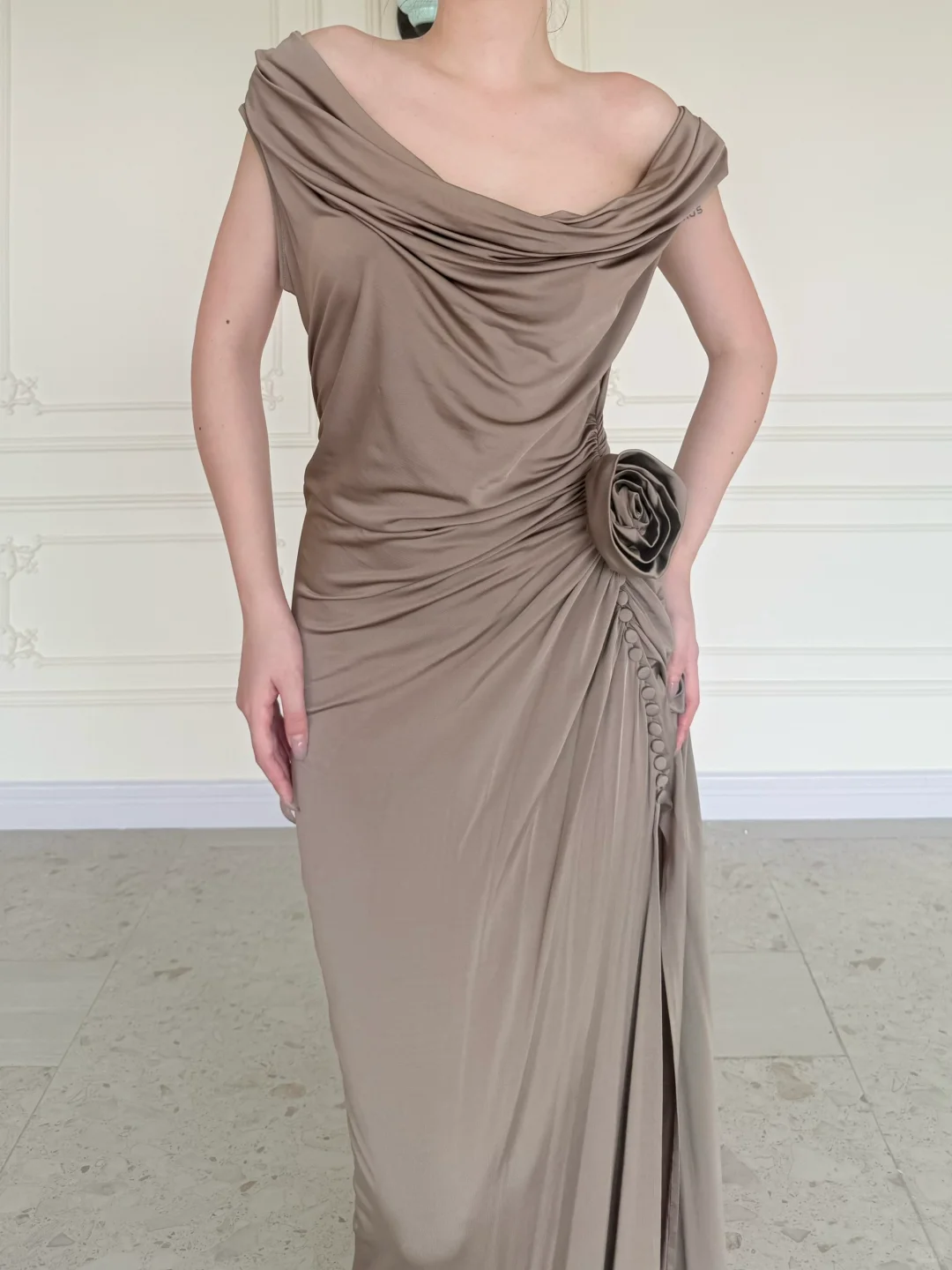 Simple Brown Vintage Sheath Straps Satin Long Prom Dress Wedding Guest Dress SH5506