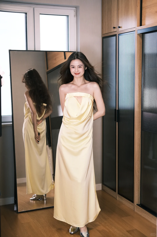 Unique A Line Strapless Yellow Satin Long Prom Dress Formal Gown Party Dress SH4184