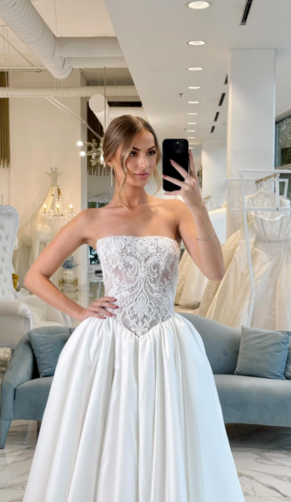 Luxurious Beaded Ball Gown Strapless White Satin Long Train Wedding Dress SH6107