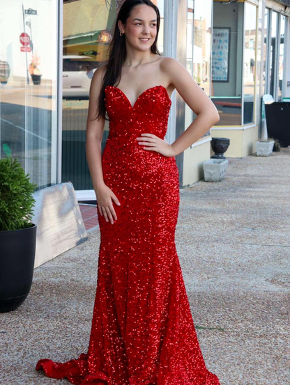 Shiny Red Sequin Mermaid Sweetheart Neck Long Prom Dress Evening Dress with Slit SH6817